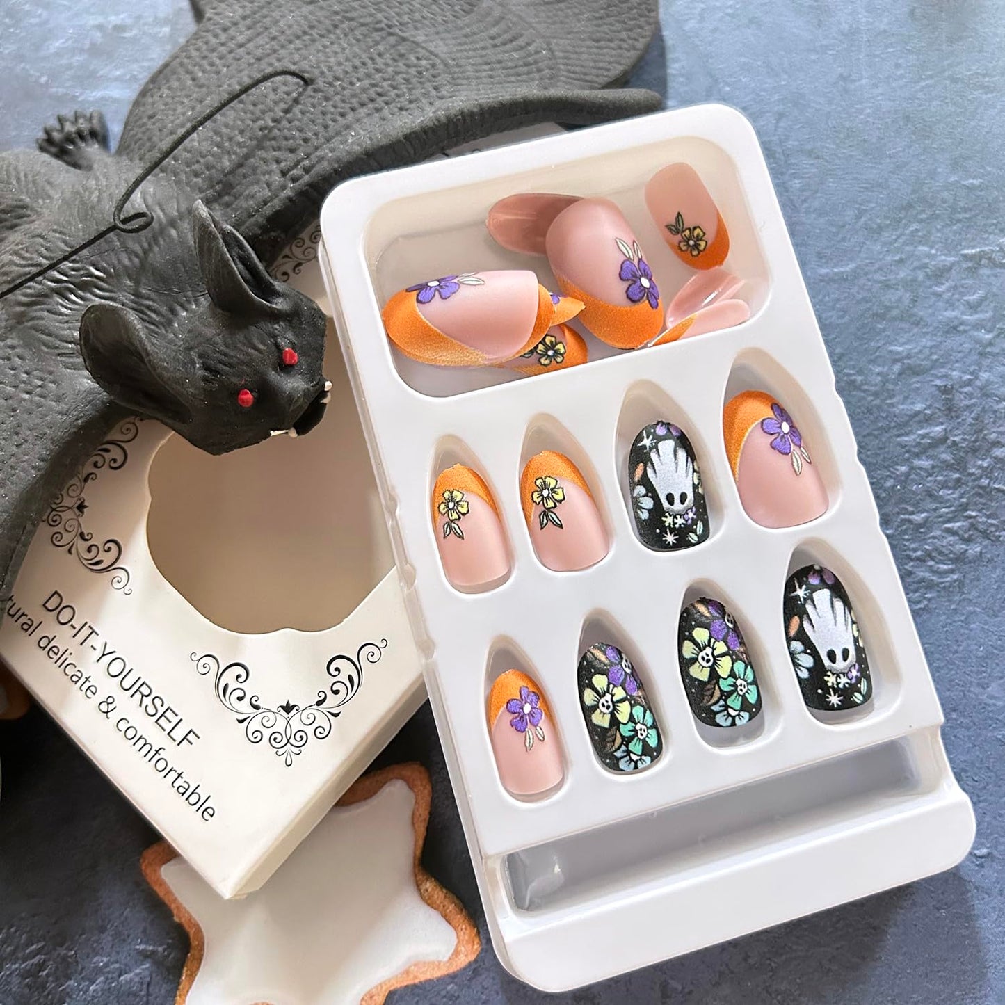 Halloween Flower Skull Press on Nails Medium Oval Ghost Colorful Skull Floral Pattern Design Halloween Nail Full Cover Artificial Acrylic False Nail Orange French Festival Stick on Nails for Women
