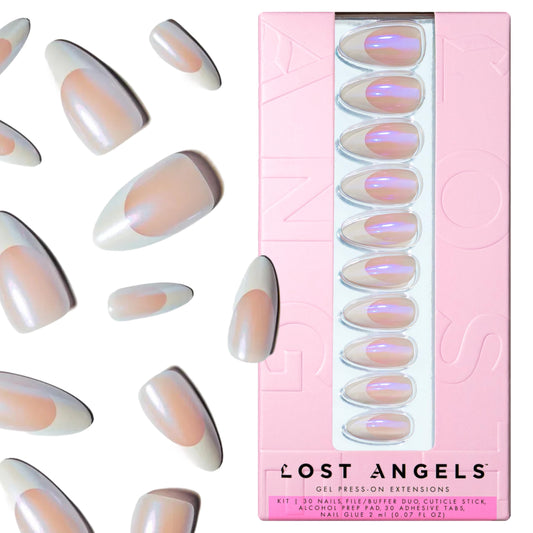 Lost Angels Gel Press On Nails French Tip - Shimmery Iridescent, Almond Shape, Medium Length Press On Nails - Easy Nail Kit with Adhesive Tab or Glue, Everything Included - 30 Fake Nail, 15 Sizes
