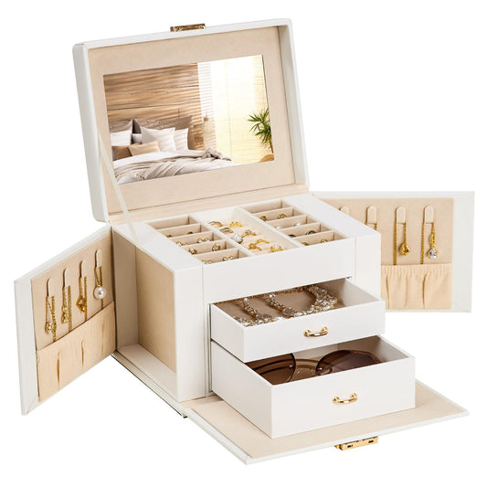 Homde Girls Jewelry Box with Lock: 3 Layer Organizer with Mirror - Necklace Ring Earring Storage for Dresser - Women Gifts for Birthday & Return (White)
