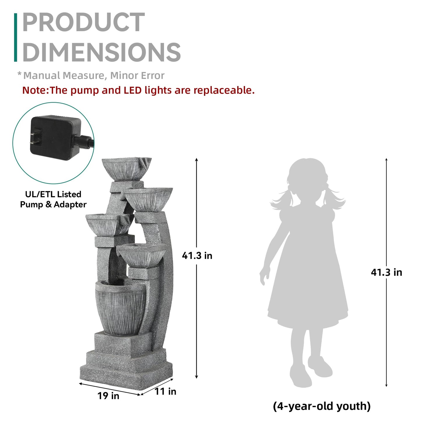 Ultym 40.5" Outdoor Fountain, Four-Column & Bowls Water Feature with LED Lights, Modern Resin Soothing Cascading Waterfall for Patio, Backyard, Garden or Porch