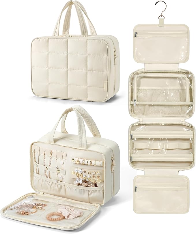 BAGSMART Travel Toiletry Bag with Jewelry Organizer, Hanging Travel Bag for Toiletries, Puffy Makeup Cosmetic Bag Organizer, Carry-on Travel Accessories Essentials, Beige-L
