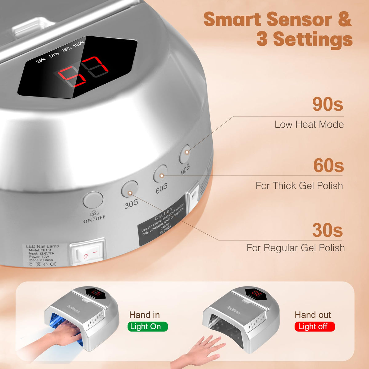 HoMove UV LED Nail Lamp Professional, 72W Cordless Nails Lamp with Fan, LED Nail Light for Gel Nails, Nail Dryer with 45 Beads, Perfect for Salon Manicure, Pedicure(Silver)