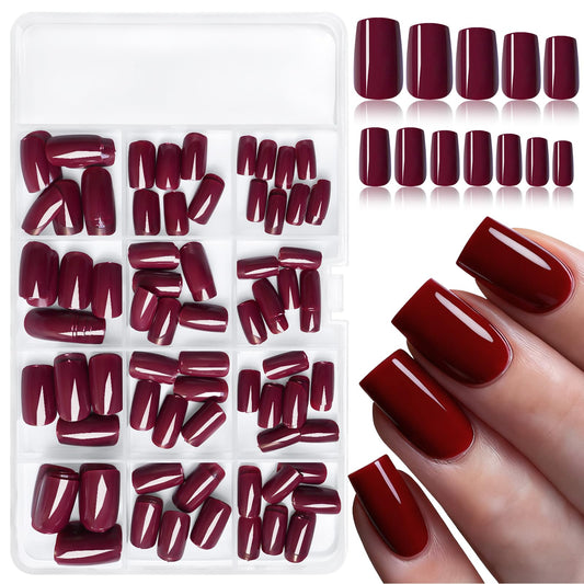 LoveOurHome 240pc Christmas Wine Red Press on Nails Medium Square Fake Nails Press ons Square Nail Tips Gel False Nails Presson Artificial Fingernails & Glue Adhesive Tabs Women Girls Manicure Decor