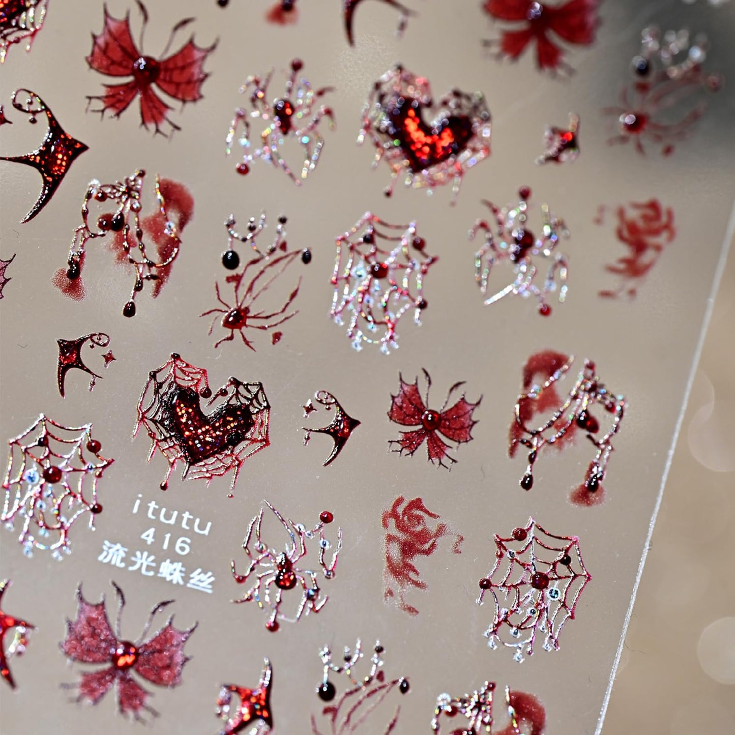 Halloween Nail Stickers for Nail Art 2 Sheet, Red Hibiscus Flowers Evil Eye Nail Decals 5D Embossed Spider Web Bat Design Stickers Halloween Nail Supplies for Women Girls DIY Nail Decorations