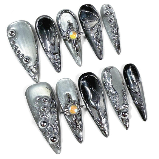 Handmade 3D Metallic Futuristic Stiletto Press On Nails, Silver Black Mechanic Artisan Nails Set, Reusable Glossy Press-ons with Tool Kit (XS)