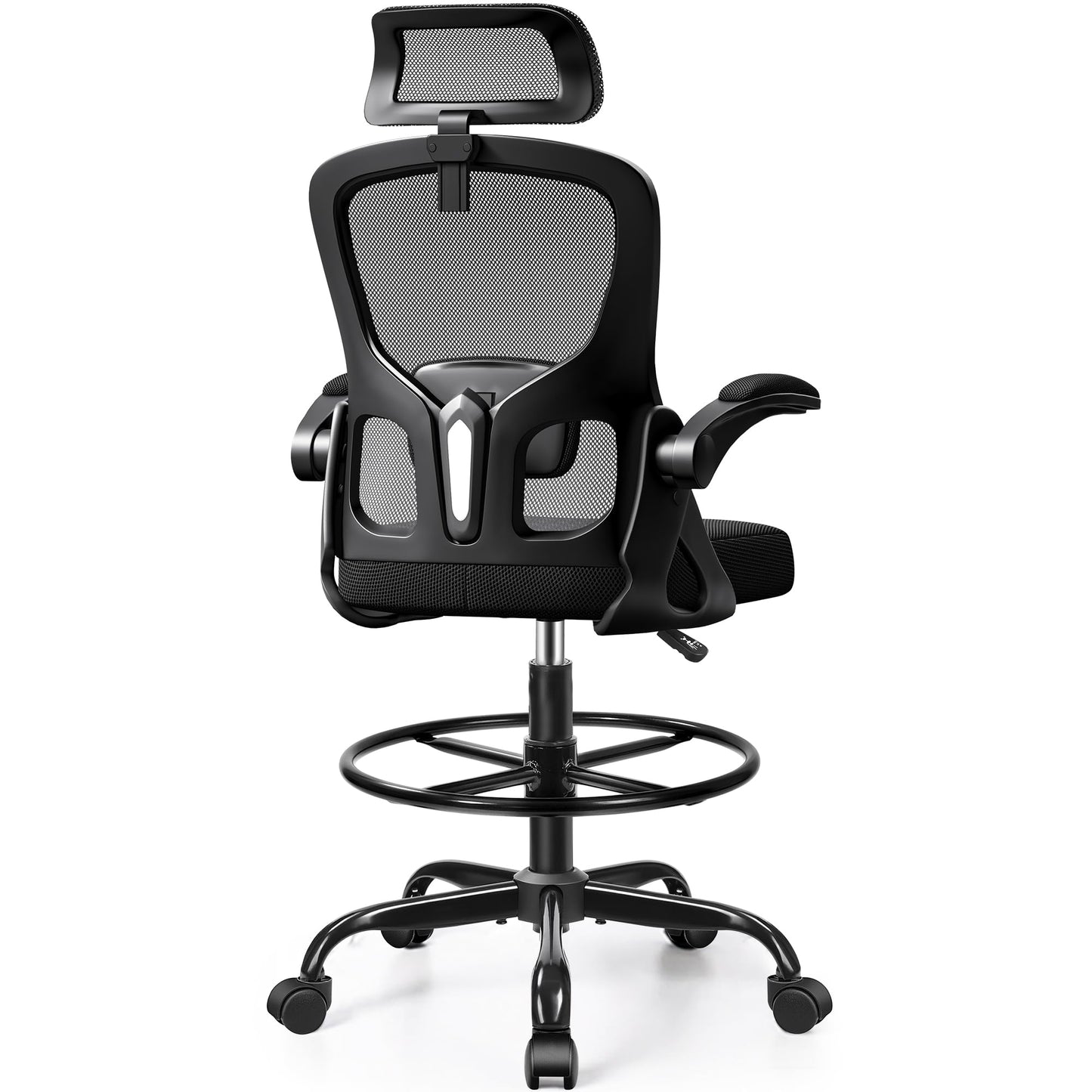 FINATI Drafting Chair, Tall Office Chair for Standing Desk, Ergonomic High Back with Headrest, Lumbar Support, Foot Ring and Flip-up Armrests, Black