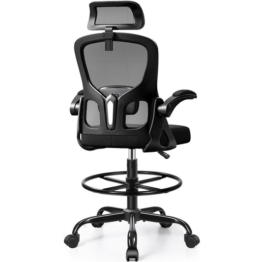 FINATI Drafting Chair, Tall Office Chair for Standing Desk, Ergonomic High Back with Headrest, Lumbar Support, Foot Ring and Flip-up Armrests, Black