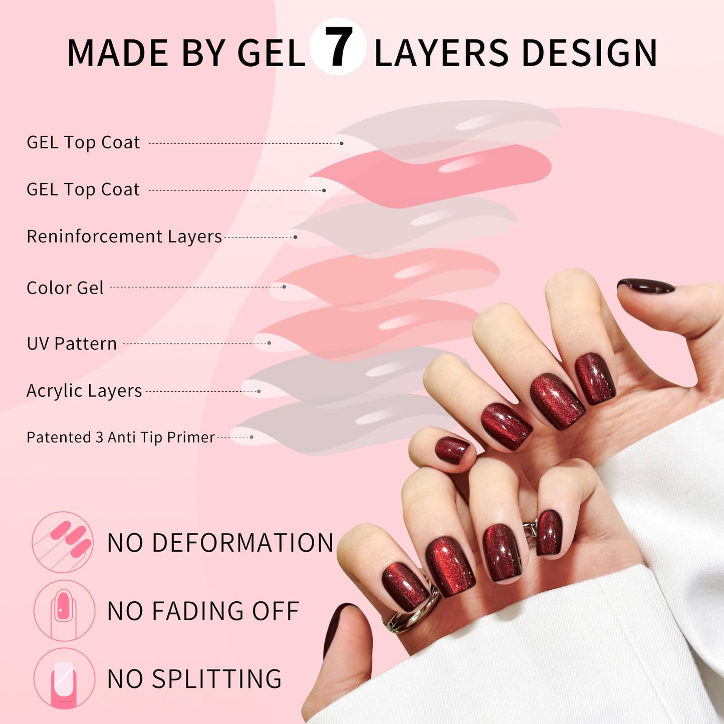 Dark Red Cat Eyes Press On Nails,12 Sizes - 24 Pcs Soft Gel Red Short Squoval Fake Nails Kit with Nail Glue, Natural Reusable Stick On False Nails for Women and Girls SK1058