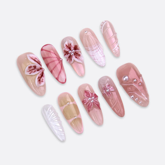SIYOU Beauty | Tropical Serenade | Pink and White Tropical Long Almond Press On Nails for Women (Small) - Reusable, Salon-Quality Fake Nails (10pc)