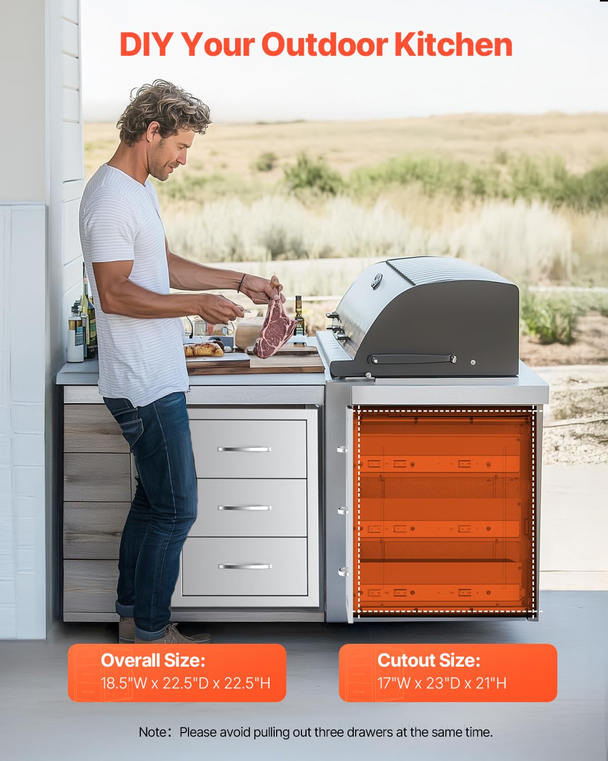VEVOR Outdoor Kitchen Drawers, 18.5" W x 22.5" H x 22.5" D Triple Access Drawers, Stainless Steel Flush Mount Cabinets, BBQ Island Storage with Handle, for Outdoor Kitchens or Patio Grill Station