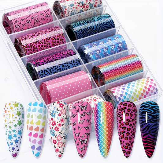 Candy Rainbow Nail Foils Transfer Nail Art Flower Nail Stickers Spring Summer Foil Nail Art Supplies 10 Rolls Leopard Print Star Heart Nails Foil Transfer Stickers Starry Sky Paper Manicure for Women