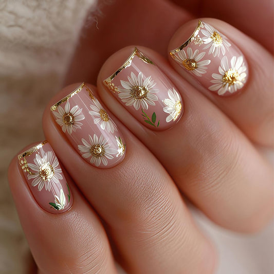 LINMEIZAI Press on Nails Short Square Spring Flower Glossy Acrylic Fake Nails Press ons Glue on False Nails for Women Reusable Cute Manicure Set Gilded Stick on Nails French Tip Kit 24Pcs