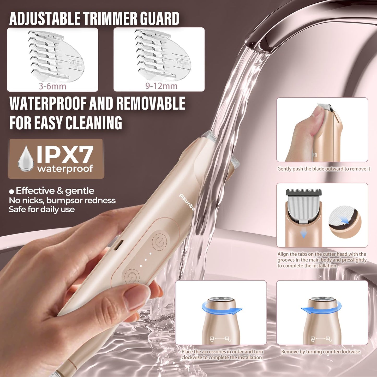 Akunbem Bikini Trimmer for Women - 2 in 1 Electric Razors for Women - Dual Head Electric Shaver - IPX7 Waterproof Wet & Dry Use Body Hair Trimmer and Facial Hair Remover for Bikini Underarm Leg Arm