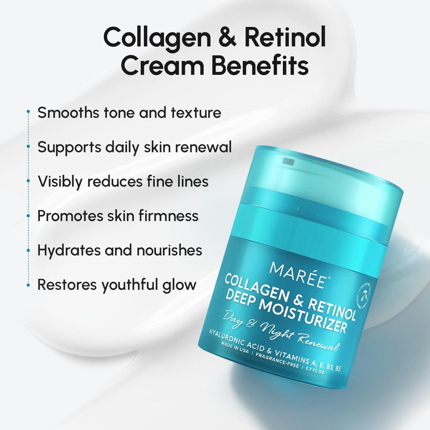 MAREE Face Moisturizer Collagen Cream for Face 2 Pack – Hyaluronic Acid & Retinol – Anti-Aging Wrinkle Creams – Crema Para La Cara