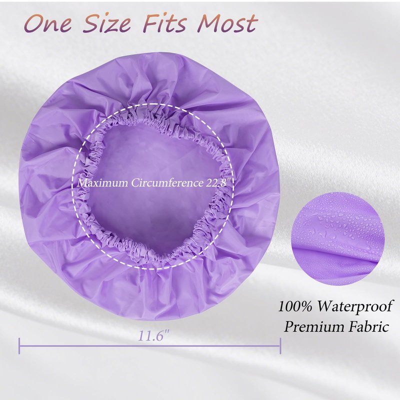 TUVATU Reusable Shower Cap for Women – Large Waterproof Satin Shower Bonnet for Long, Curly & Braided Hair, Washable Bath Hair Cover, Black + Purple