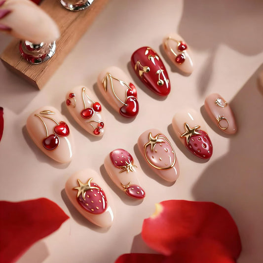 Medium Almond Press on Nails for Women Cherry Strawberry,Fake Nails Artificial Stick on Nail