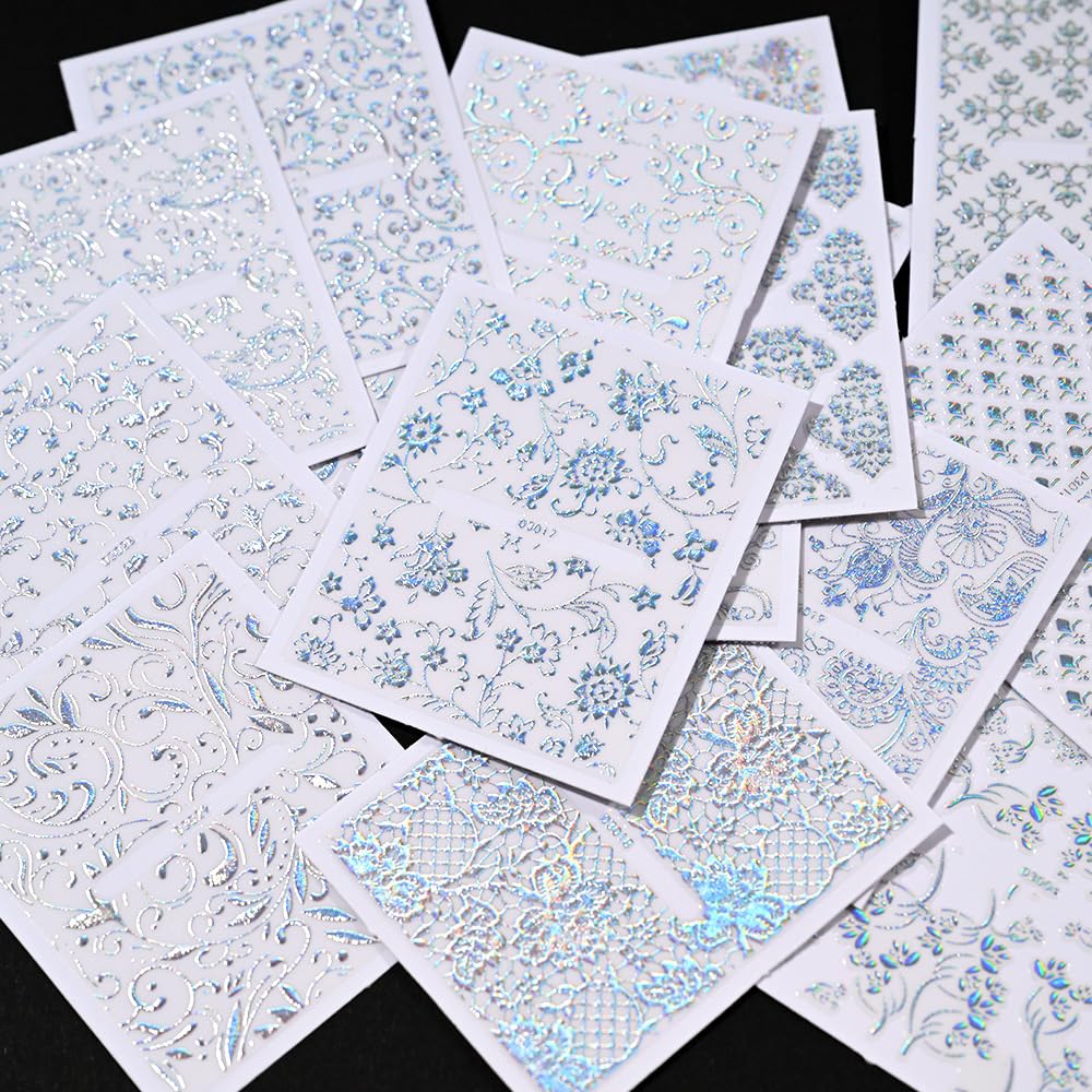 WEIXIWUYU Laser Silver Hollow Retro Floral Vine Nail Art Stickers Laser Silver Lace Design Nail Supplies 3D Self-Adhesive Nail Stickers for Women Girls DIY Manicure Slider Decorations 30 Sheets