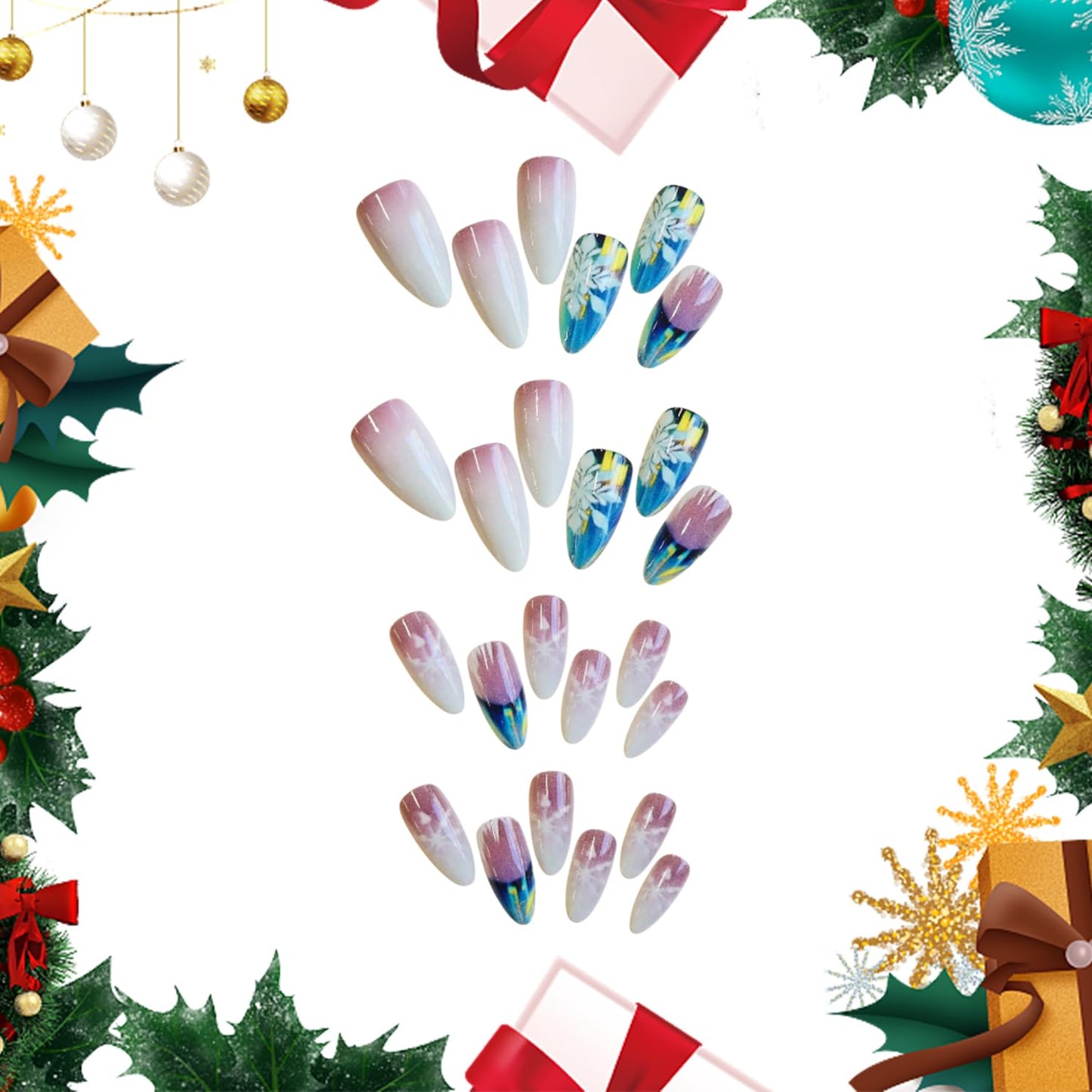CJDLTS Christmas Press on Nails Long Almond Artificial Acrylic Fake Nails French Tip False Nail Gradient Snowflake Stick on Nail Full Cover Winter Artificial Fingernails for Women Festival Manicure