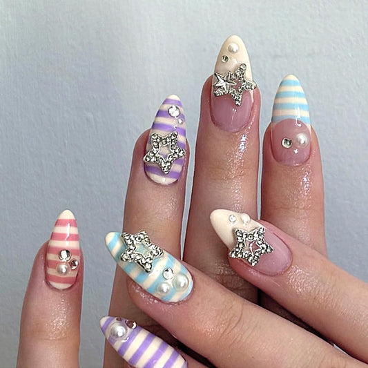 Mivota Soft Gel Press On Nails Medium Almond Colorful Stripe Design with 3D Star & Pearl, Reusable Glue On Fake Nails for Women, Cute Y2K Salon Manicure Set 24PCS