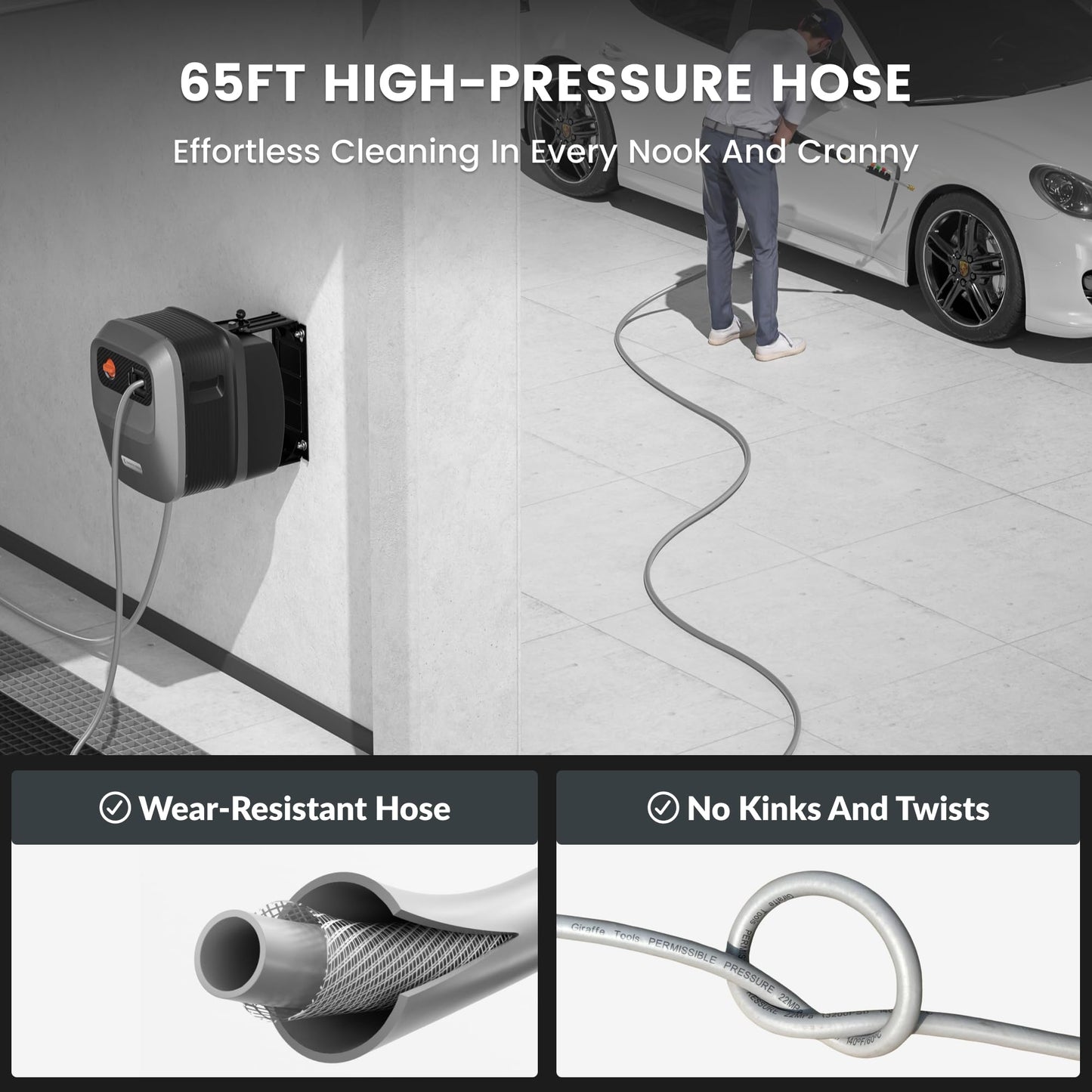 Giraffe Tools Grandfalls Retractable Pressure Washer G20, 2500 PSI 2.2 GPM, 180° Wall Mounted Power Washer, Auto-Retract with 65FT Hose Reel, 5 Nozzles for Floor/Cars/Fences/Patios, Dark Silver