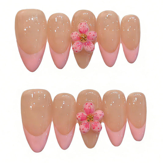Handmade Press On Nails Medium Almond Pink And Delicate Carved Ppeach Blossoms Reusable Wedding Prom And Festival Gift Handmade Acrylic Press On Nails Aacrylic Nail (L)