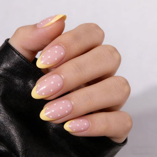 PILOLO Press On Nails Polka Dot Fake Nail Tips Adhesive Reusable Full Cover Acrylic False Nails Long Almond Stick On Manicure Set for Women Girls Gift (Sunny Dots)