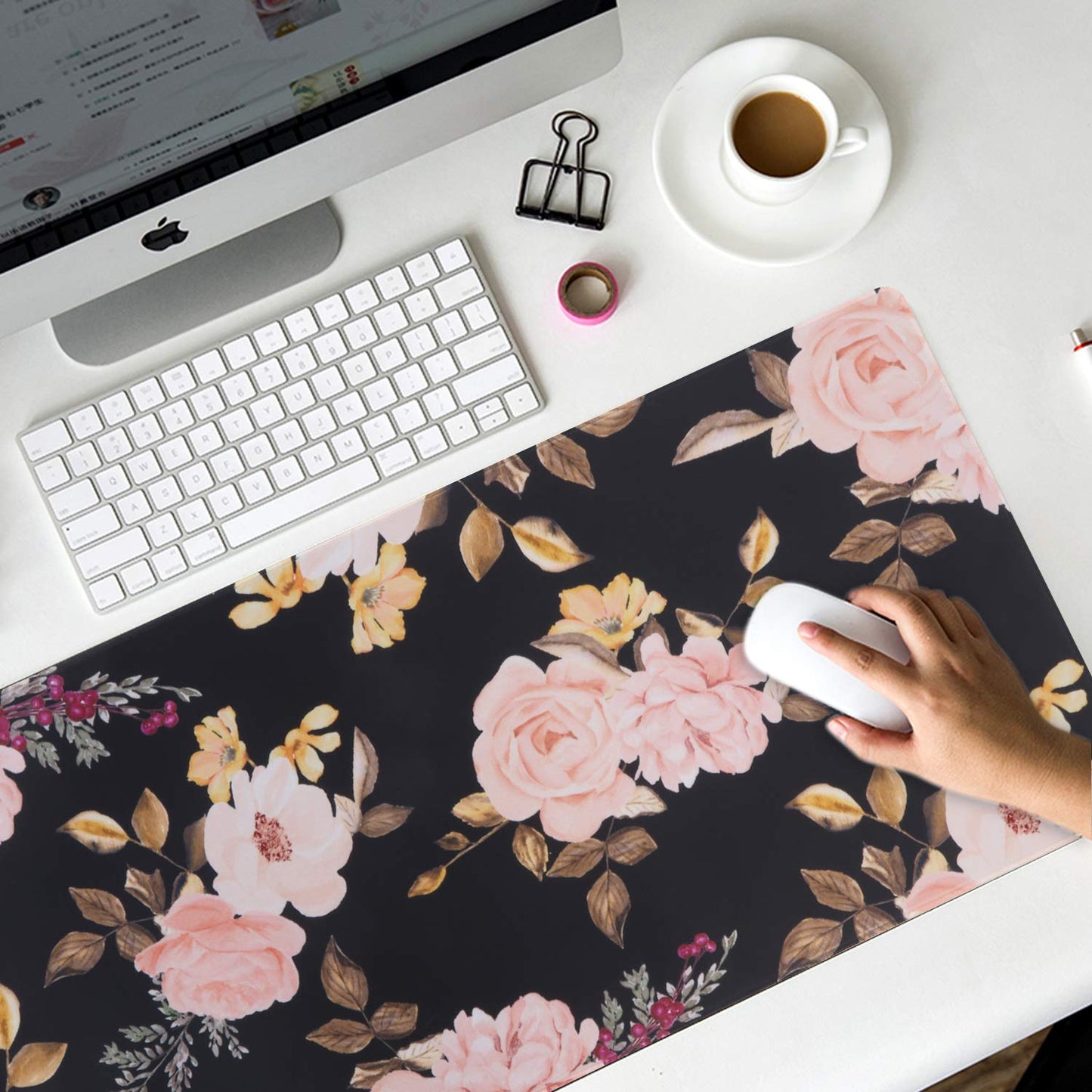 iCasso Extended Gaming Mouse Pad, Large Non-Slip Rubber Base Mousepad with Stitched Edges, Waterproof Keyboard Mouse Mat Desk Pad for Work, Game, Office, Home - Peony