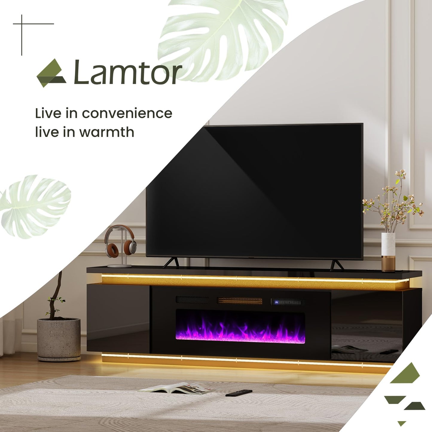 Lamtor Fireplace TV-Stand with 40" Fireplace - 2 LED Light TV-Stand for 85 inch TVs, Entertainment Center with 4 AC Power Outlets, 2 Tier TV Consoles Stand for Living Room, Black