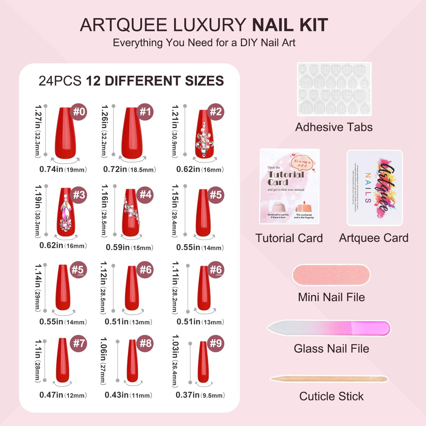 Artquee Red Coffin Press on Nails Long Fake Nails with Rhinestones Design Full Cover Luxury Bridal Wedding False Nail Kit Stick on Nails for Women 24Pcs