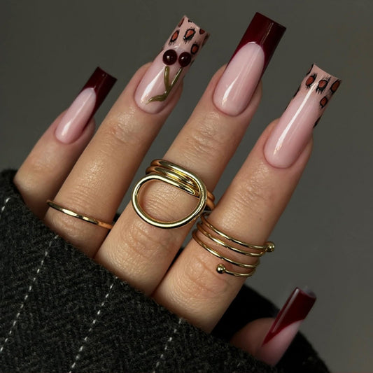 Long Square Press on Nails Fake Nails Artificial Nail Stick on Nail for Women, Leopard & Cherry Design on Nude Base with Red French Tip and Gold Leaf Accents
