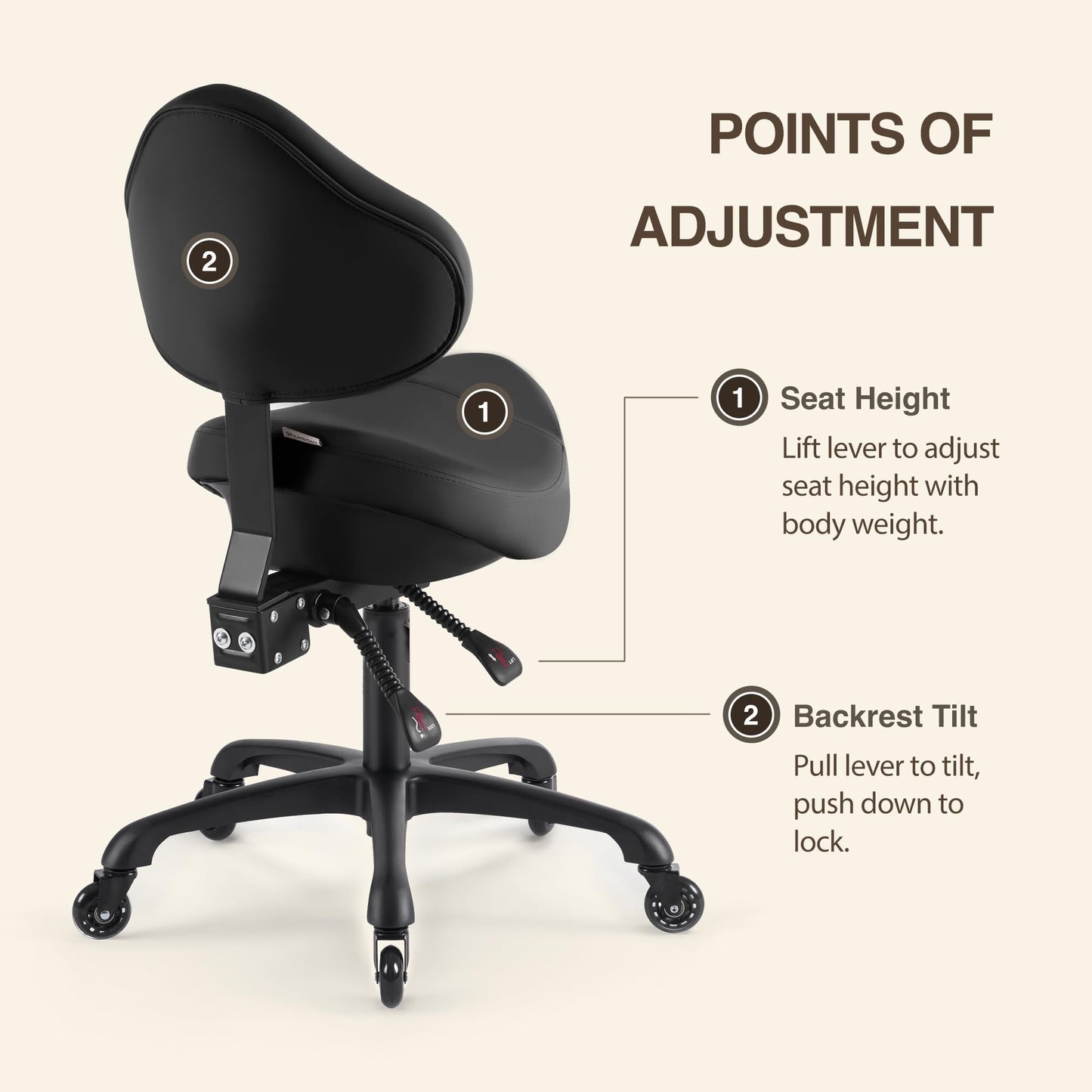 DR.LOMILOMI Pneumatic Swivel Rolling Saddle Chair with Wheels and Ergonomic Back Support for Hair Stylist, Dental Hygienist, Hygienic Clinic, Spa, Massage, Home, Office - 510 KOA (Black, Standard)