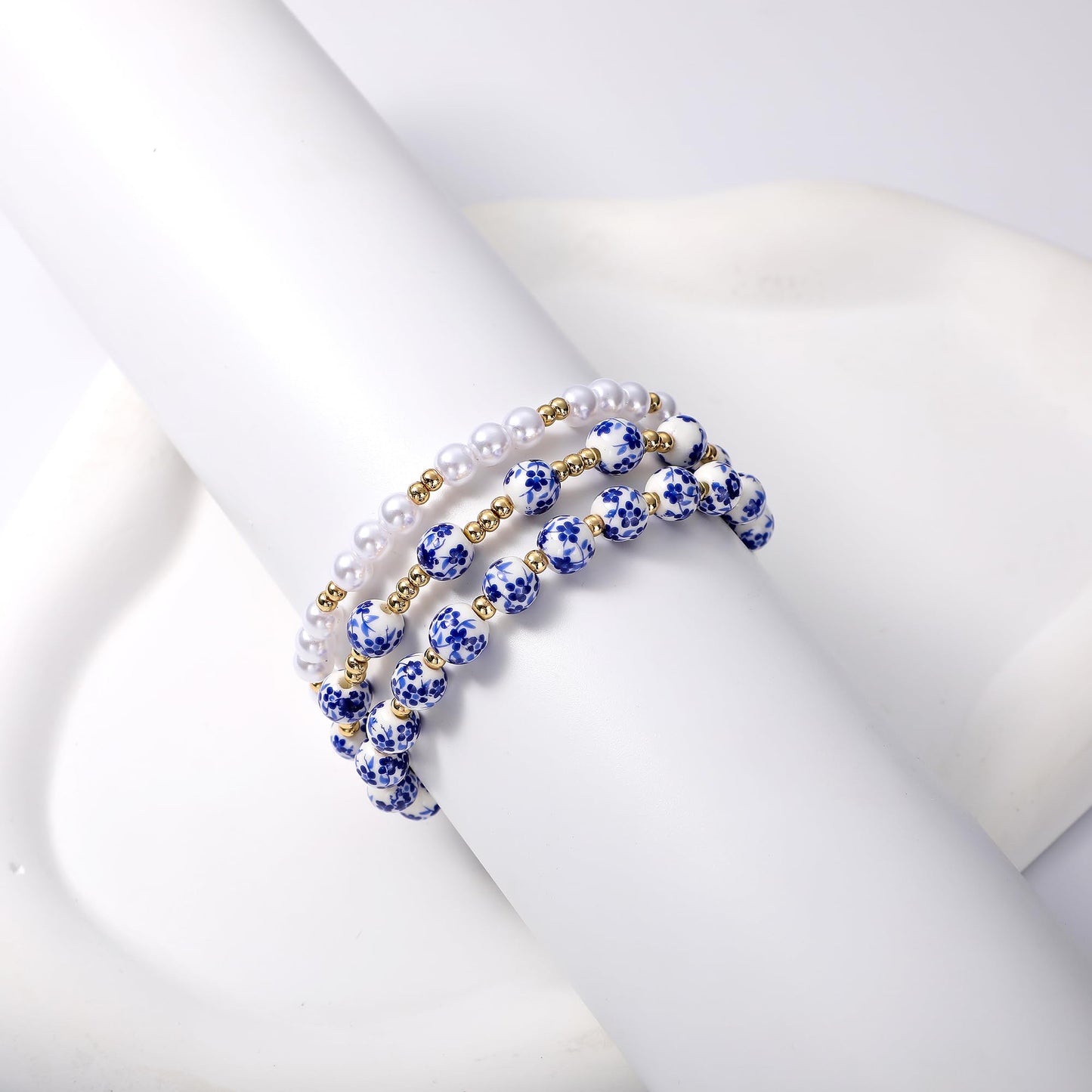 Dainty Pearl Beads Bracelet for Women Blue And White Vintage Ceramics Flower Bracelet Handmade Stretch Cute Beaded Romantic stackable Jewelry Gifts