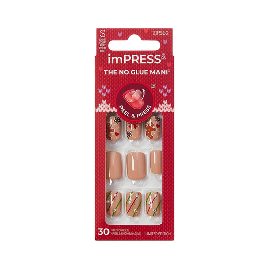 KISS imPRESS Holiday Press On Nails, ‘Mistletoe Kiss’, Brown, Short Squoval, Improved Super Hold Adhesive, 30 Fake Nails, Prep Pad, Mini Nail File, & Manicure Stick