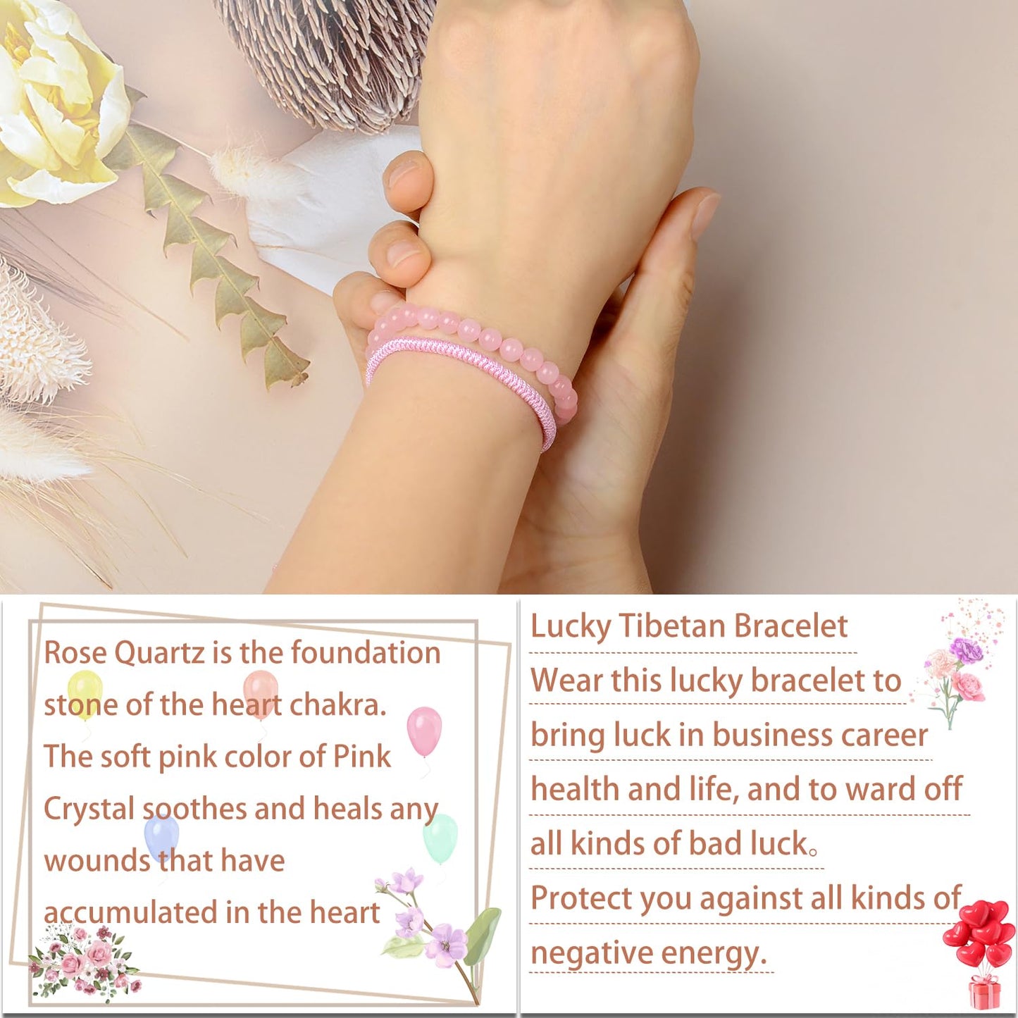LPBeads 6mm Rose Quartz Bracelet with Handmade Rope Bracelet Size Adjustable Natural Stone Crystal Healing Bracelets Gifts for Unisex Adults