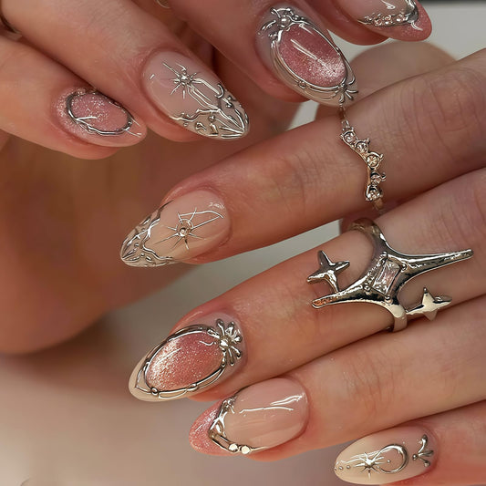 Medium Almond Press on Nails - Cat Eye Fake Nails with 3D Silver Charms Designs Glitter False Nails French tip Glue on Nails Reusable Full Cover Stick on Nails for Women Manicure 24Pcs