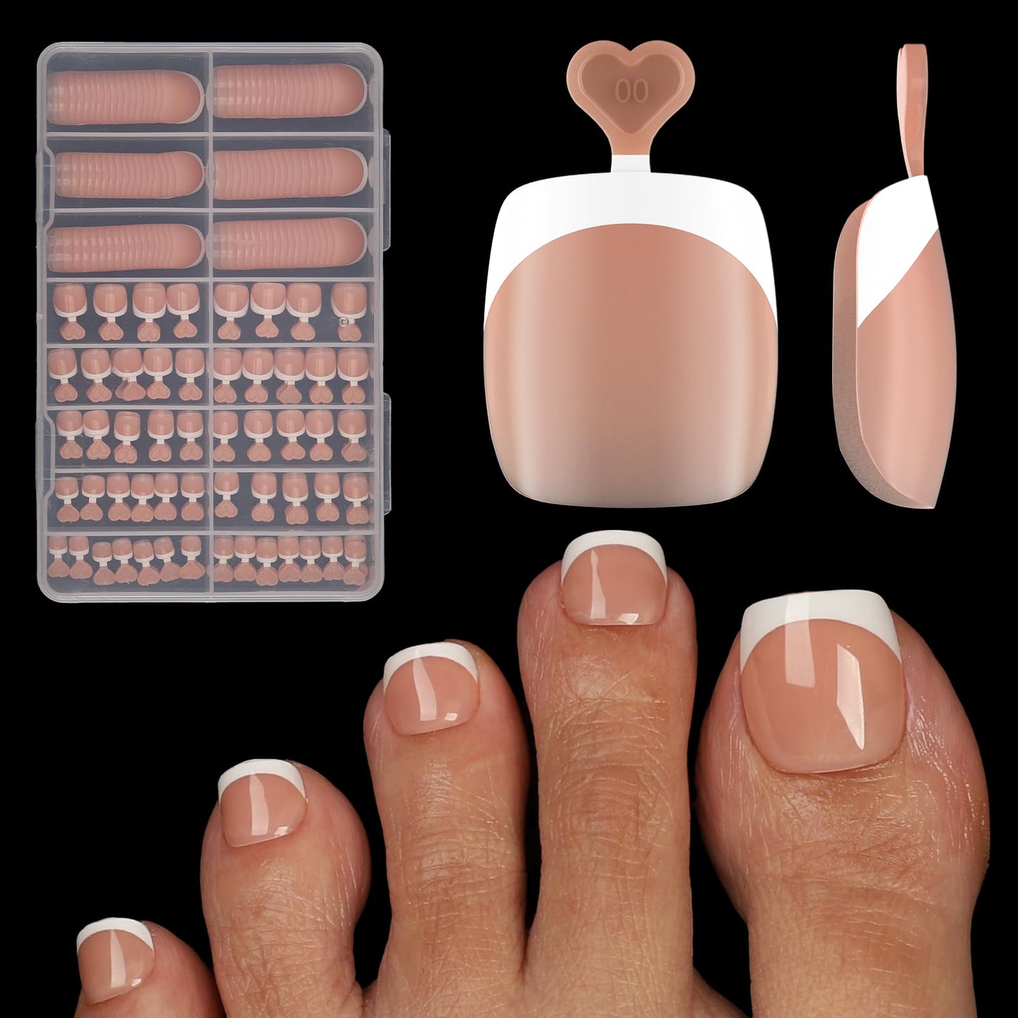 French Toe Nail Tips Press ons 288pcs, Pre-Designed 16 Sizes Soft Gel Full Cover Fake Toenails for Women Short Square, Pre-Applied Nude Base Coat & Tip Primer for DIY (Nude)
