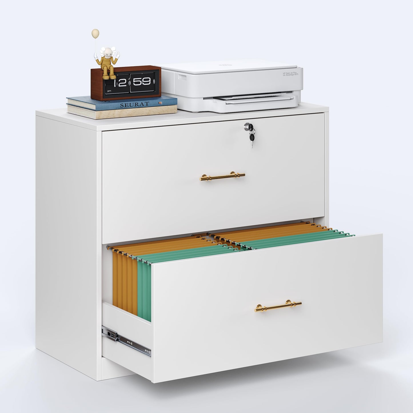 GFGWXW 2 Drawer Lateral File Cabinet with Lock, Suitable for Letter/A4/F4/Legal Size Hanging Files,Large Wood Filing Storage Cabinets Printer Stand for Home Office,White
