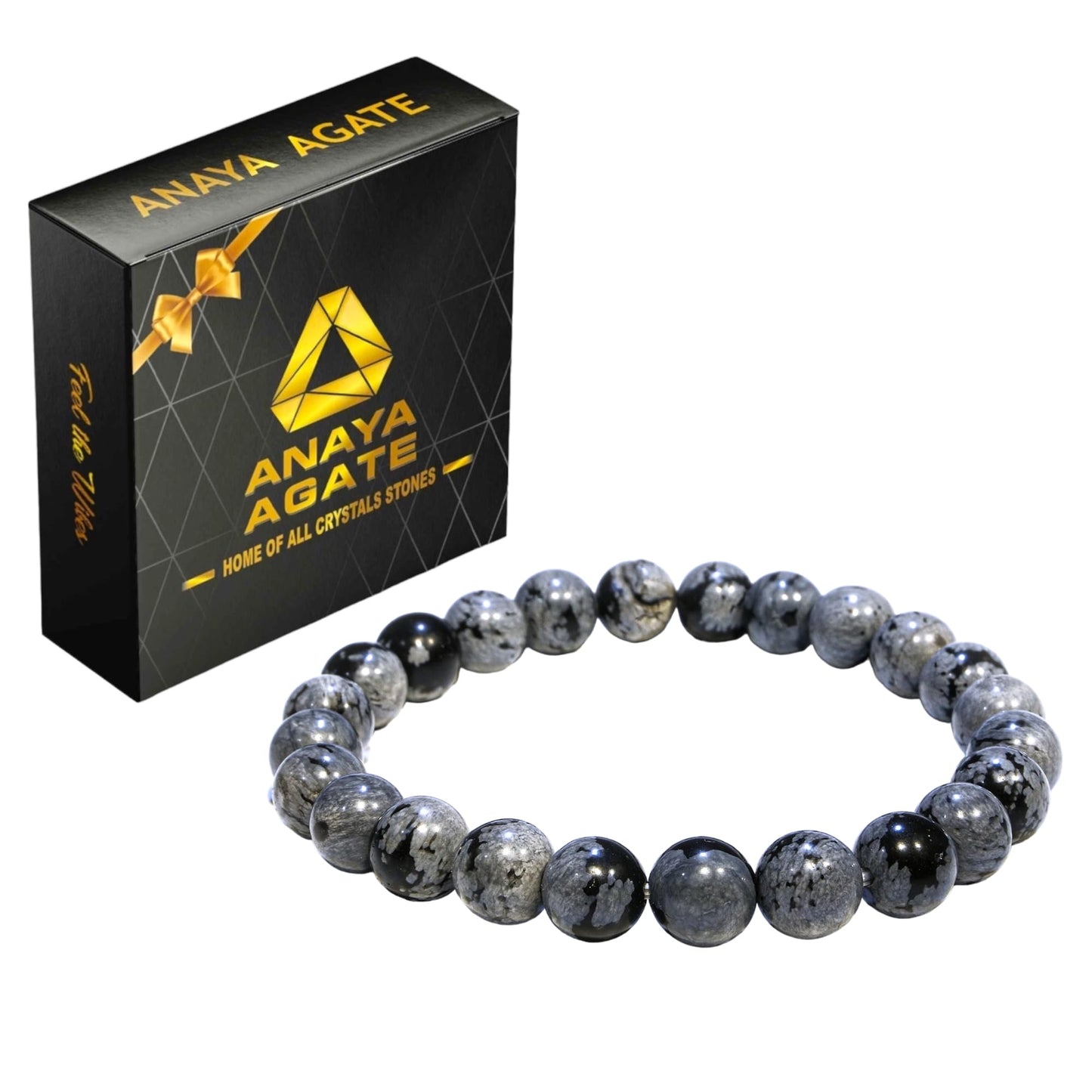 ANAYA AGATE Natural Snowflake Obsidian Bracelet, Healing Crystal Bracelet for Women and Men, 8mm Round Beaded Bracelet for Spiritual, Protection, Positive Energy, Elastic Adjustable Size Gemstone Bead Bracelet