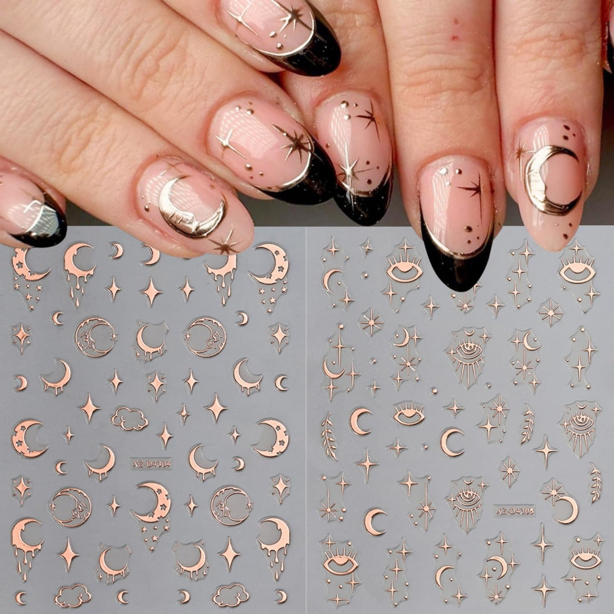 12 Sheets Rose Gold Nail Art Stickers, 3D Self-Adhesive Sun Moon Stars Designs Nail Sticker Acrylic Manicure Decals Decorations Accessory for Women Girls