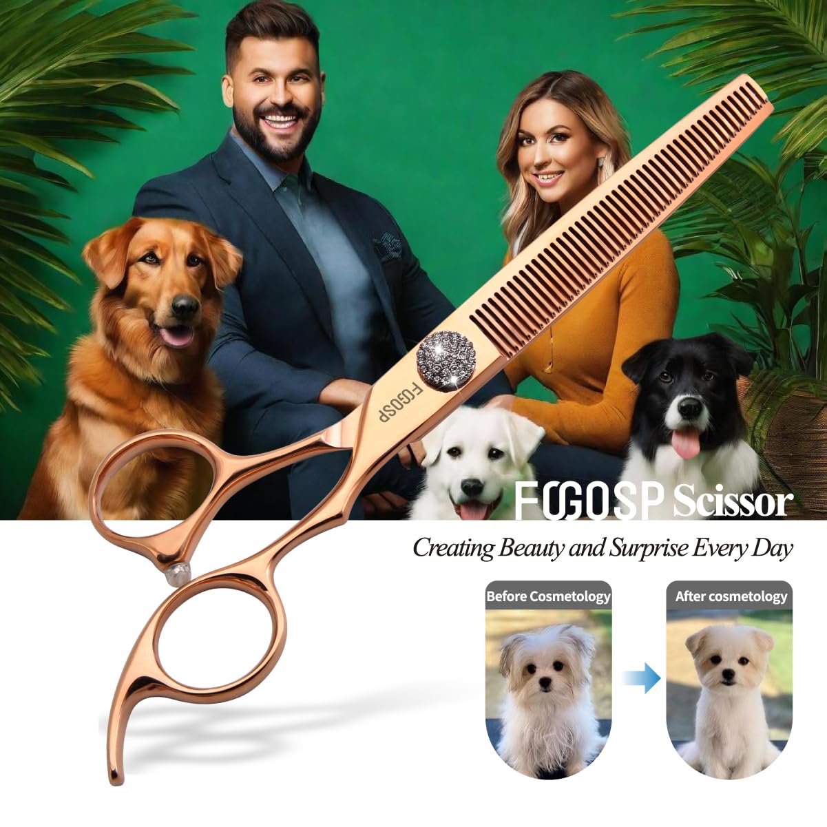 FOGOSP 7'' Dog Grooming Scissors Set Rose Gold Titanium 4PCS Curved Thinning Straight Chunkers Shears Kit with White Artificial Diamonds Ergonomic Offset Handle Japan 440C Sharp and Durable