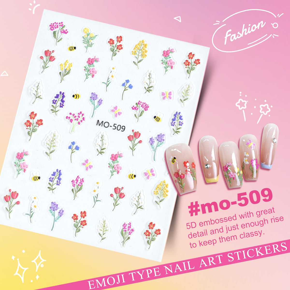 Flower Nail Art Stickers 5D Embossed Nail Decals for Nails Art Design Self-Adhesive Spring Summer Daisy Floral Leaf Plant Nail Accessories for Women Manicure DIY Art Decoration 6 Sheets YX1226