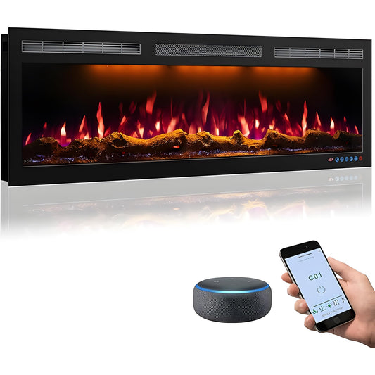 Mystflame 50 Inch WiFi Electric Fireplace Heater, Recessed or Wall Mounted, Ultra‑Slim 5.51" Deep, 750/1500W, 12 Flame Colors & 12 Ember Bed Colors,Remote & App Control, Works with Alexa & Google Home