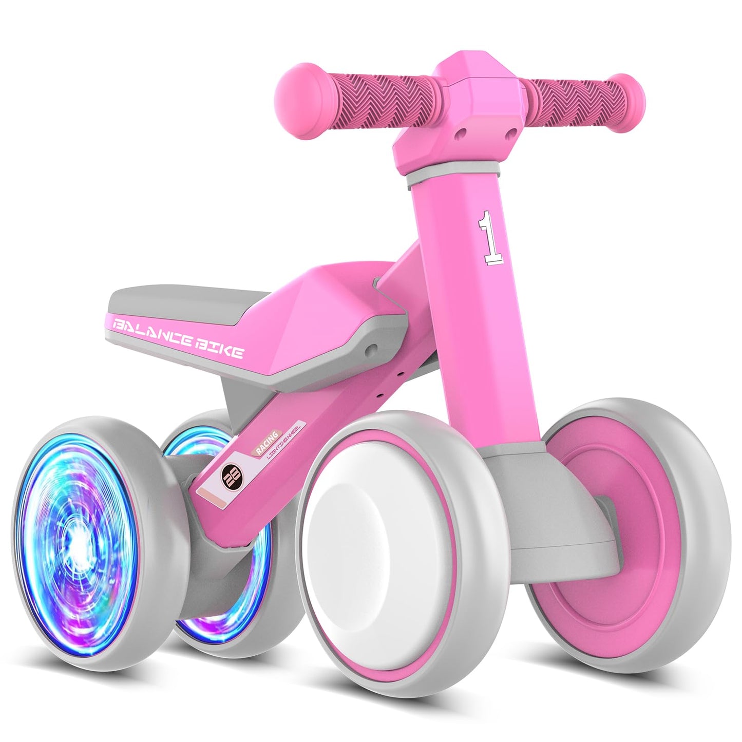 ESPRAY Colorful Lighting Baby Balance Bike Toys for 1 Year Old Girls Gifts, Toddler First Bike 12-24 Months with Adjustable Soft Seat, 4 Silent Wheels Ride on Toy, Perfect First Birthday Gift