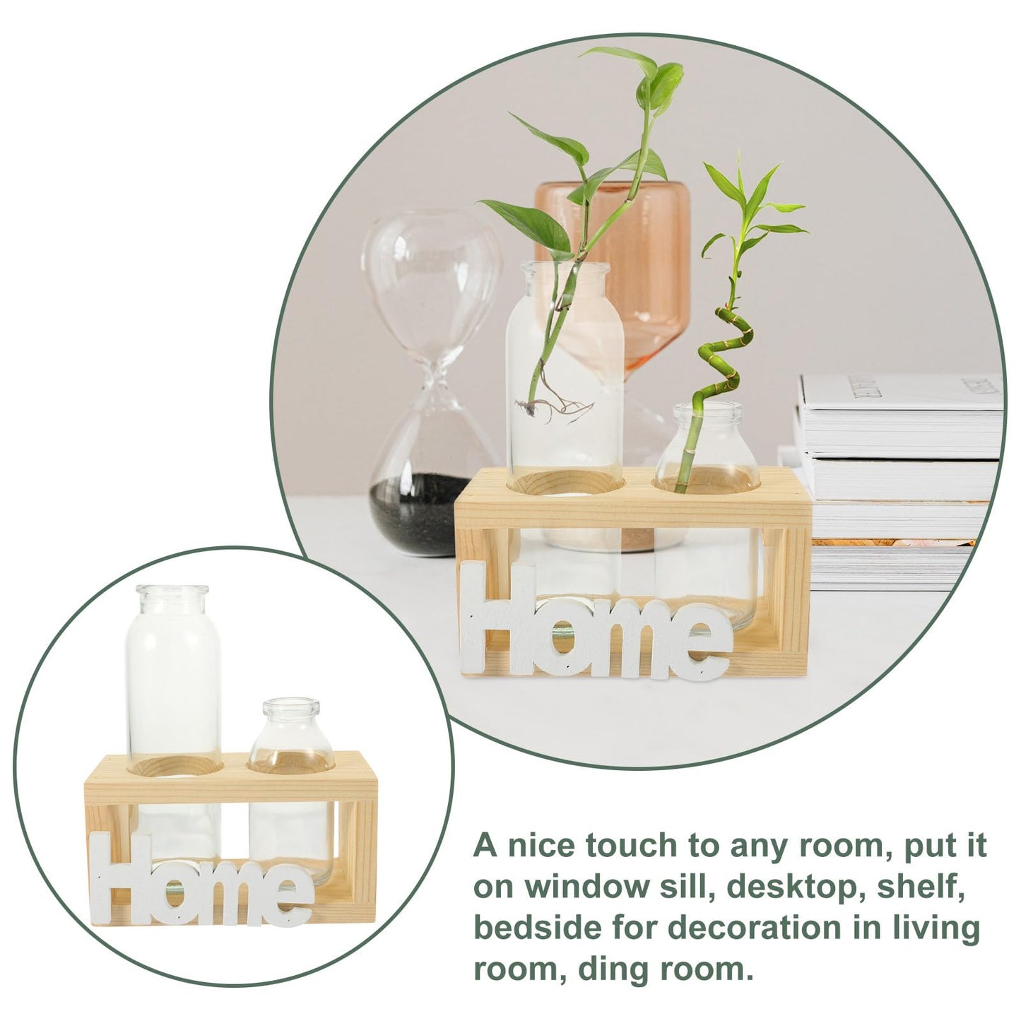 Luxshiny Hydroponic Glass Plant Vase with Wooden Stand, Nordic Style Indoor Terrarium Planter for Home Desk Decoration, 2pcs Set