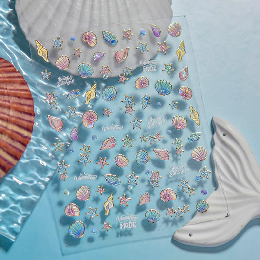 Phuryllic 3D Nail Stickers for Nail Art, Embossed Self-Adhesive Cute Nail Charms & Decals for DIY Nails, Easy-to-Apply Nail Design Supplies & Accessories for Home Manicure-Colorful Summer Shells
