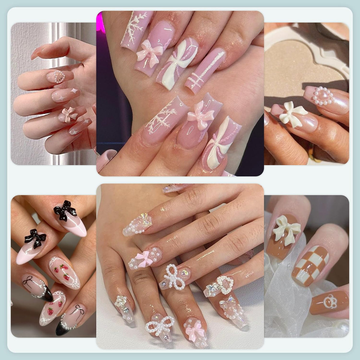 600 Pcs 3D Cute Nail Charms and Flatback Pearls Set 3, Pink&White&Black Nail Bows + Pink&White Star Heart Cute Nail Jewels + 2-4mm White Nail Pearls for Nail Art DIY Decoration with Pickup Tools