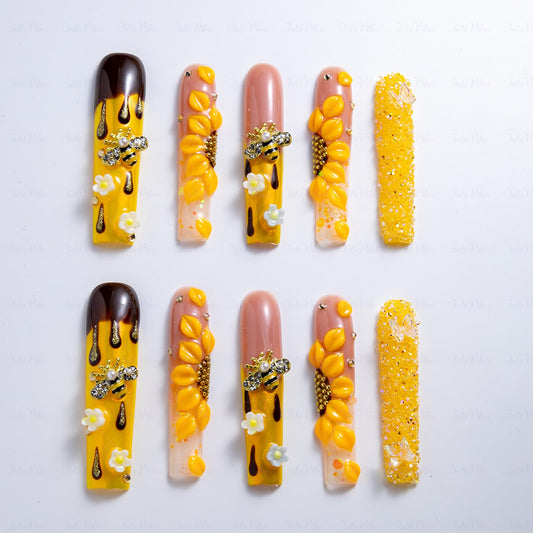 IntoVibes 10 Pieces Handmade Luxury Long Press On Nails With Square Design, Sunflower And Bee Accessories, Yellow Thickened False Nails, Reusable Fake Nails, Acrylic Nails (M)
