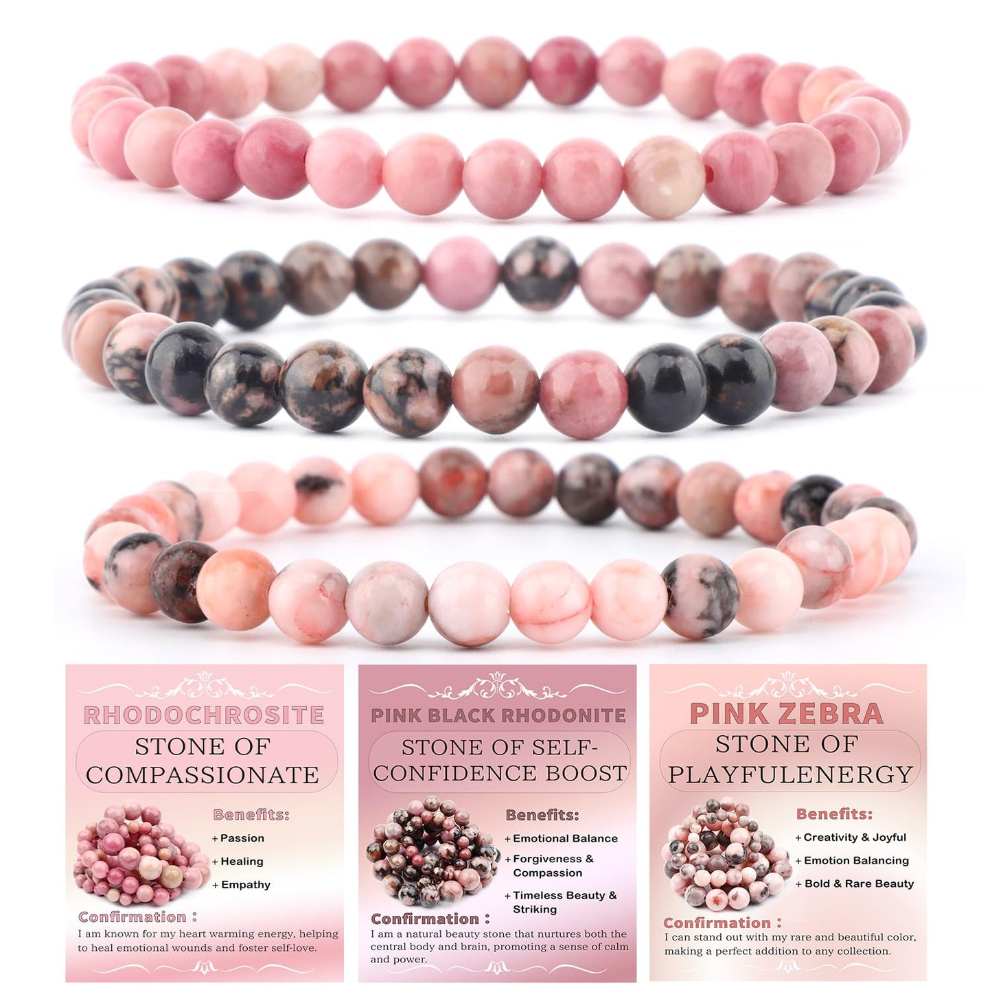 CMBYN 3-Pieces 6mm Natural Crystal Gemstone – ﻿Rhodochrosite, Pink Zebra, Pink Black Rhodonite Handmade Reiki Energy Healing Stretch Bracelets Jewelry for Yoga, Meditation, Unisex