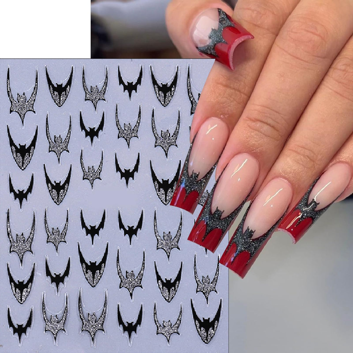 6 Sheets Halloween Bat Nails Art Stickers Glitter Holographic Gold Silver French Bat Design Nail Sticker Halloween French Sticker for Nails Decals Decals Holiday Decoration Kit for Women DIY Nails