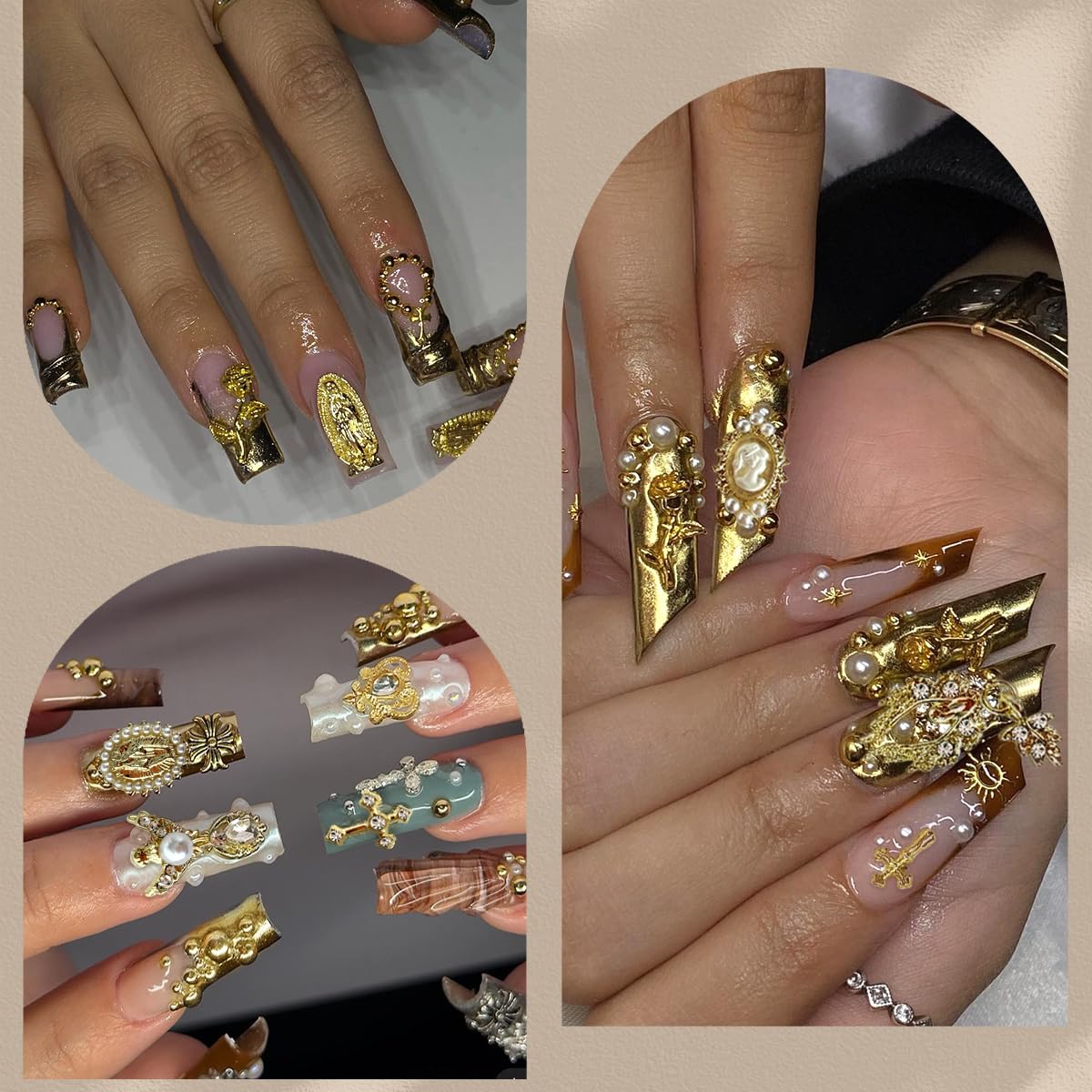 3D Luxury Gold Cross Nail Charms, Flat Back Pearls Bead Crafting, Rhinestones Nail Charms Y2k Cute Crown Star Moon Heart Flower Virgin Mary Angel Dangle Gem Charms Nail Art Nail Chains Bulk
